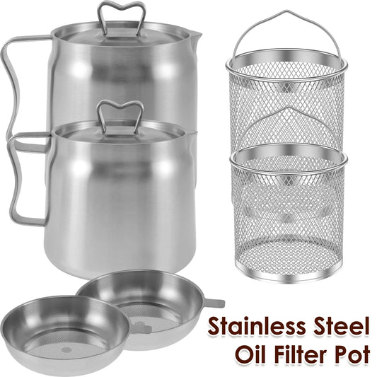 Kitchen Oil Strainer Stainless Steel Oil Filter Pot 1.5/2L Grease Oil Storage Can with Fine Mesh Strainer Strainer Fry Basket