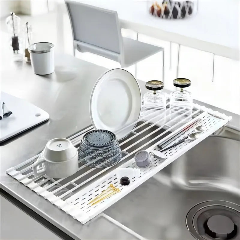 Kitchen Sink Dish Drain Rack Foldableing Roller Blind Flat Drain Storage Rack Spoon Chopsticks Tableware Leaking Storage Rack Large and Small