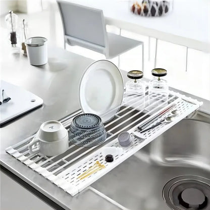 Kitchen Sink Dish Drain Rack Foldableing Roller Blind Flat Drain Storage Rack Spoon Chopsticks Tableware Leaking Storage Rack Large and Small