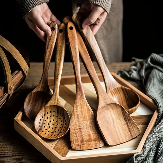 5pcs Premium Wooden Kitchen Utensils Set - Ergonomic Handles, Natural Wooden Spoons, Spurtle, Ladle, And Wok Spatulas
