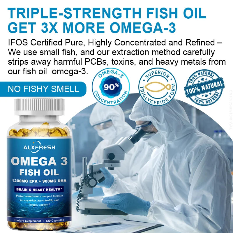 Omega-3 Fish Oil Softgels – 3600mg with High EPA 1300mg & DHA 900mg, Non-GMO, Gluten-Free