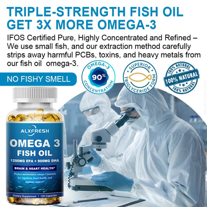 Omega-3 Fish Oil Softgels – 3600mg with High EPA 1300mg & DHA 900mg, Non-GMO, Gluten-Free