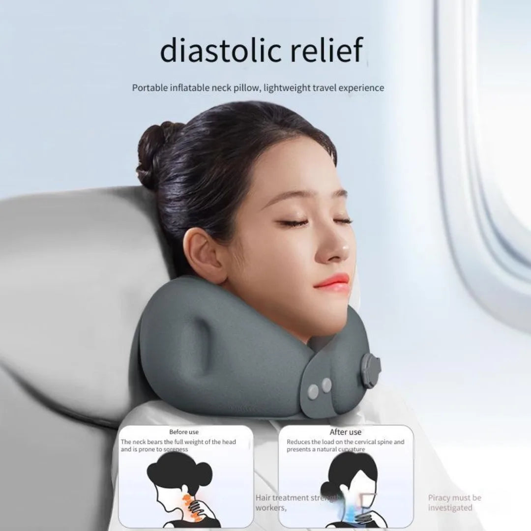 Inflatable U-Shaped Travel Pillow – Portable Soft Neck Pillow for Airplane, Car & Train with Storage Bag
