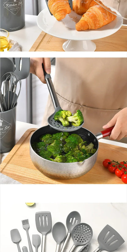 15Pcs Silicone Kitchen Utensils Non-Stick Spatula Shovel Cooking Tool Stainless Sttel Handle Kitchenware Set with Storage Bucket