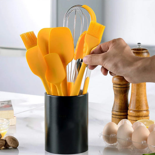 9pcs Silicone baking tool set, scraper oil brush egg whisker food pliers, with storage bucket, kitchen small tools