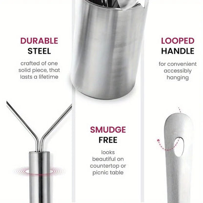 Stainless Steel Kitchen Set - 9 Piece Turning Knife, Spaghetti Spoon, Ladle, Spoon, Whisk, Tongs, Potato Mash and Tool Holder