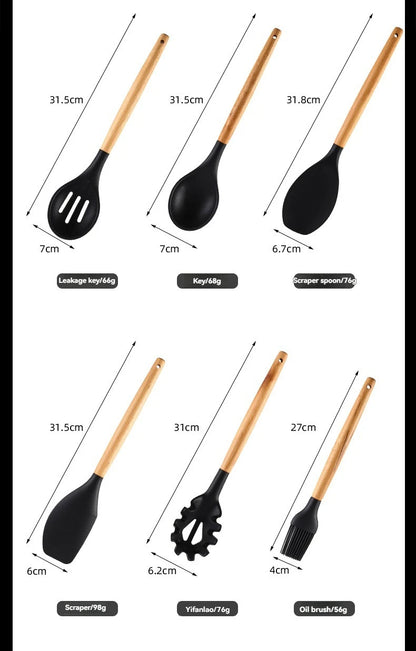 Kitchen Tools Set Wooden Handle Nonstick Pan Food Grade Cooking Silicone Storage Kit Stir Fry Baking Kitchen Set