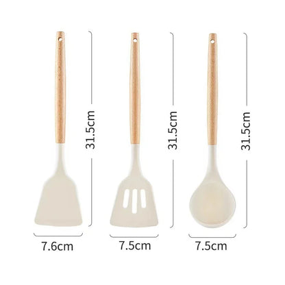 3PCS Set of Kitchen Utensils Wooden Handle Silicone Cooking Utensils Non Stick Shovel Cooking Utensils Rice Scoop Baking Tools