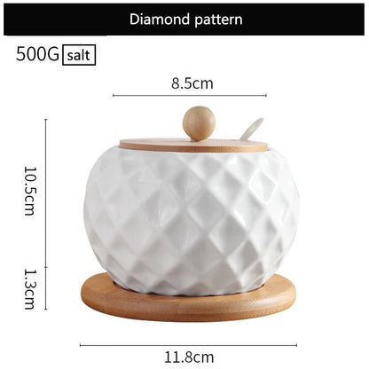 Ceramic Seasoning Jars with Wooden Lid Salt Shakers Kitchen Supplies White Spice Organizer Canister Spoon Set White Sugar Box