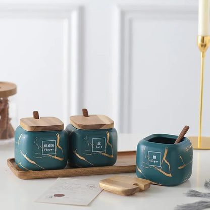 Japanese kitchen matte seasoning jar set, marble ceramic household combination seasoning box, salt and sugar, seasoning bottle.