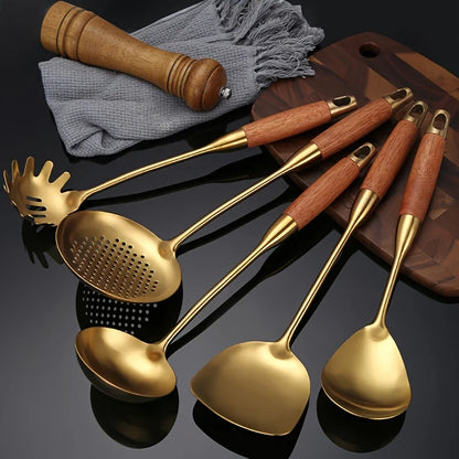 6-Piece Golden 304 Stainless Steel Kitchen Utensil Set with Padauk Wood Handle Soup Spoon and Slotted Spoon for Home Use
