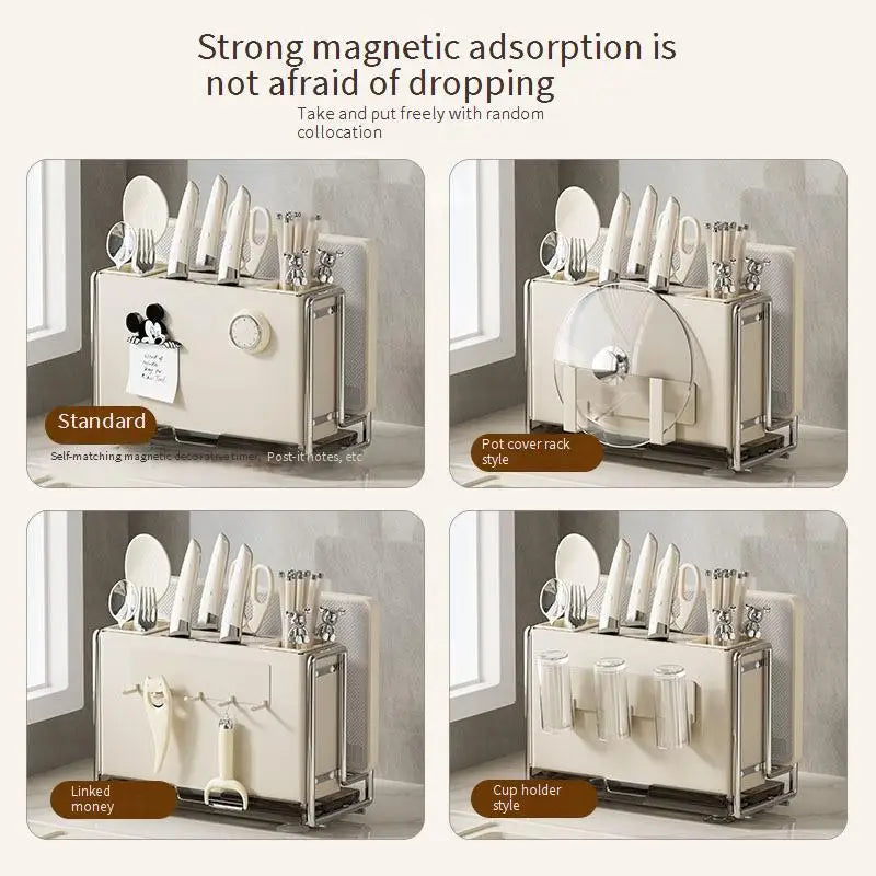 Magnetic Knife Holder and Cutting Board Combo Stainless Steel Knife Storage Rack Kitchen Knife Holder CreaminsMultifunctional