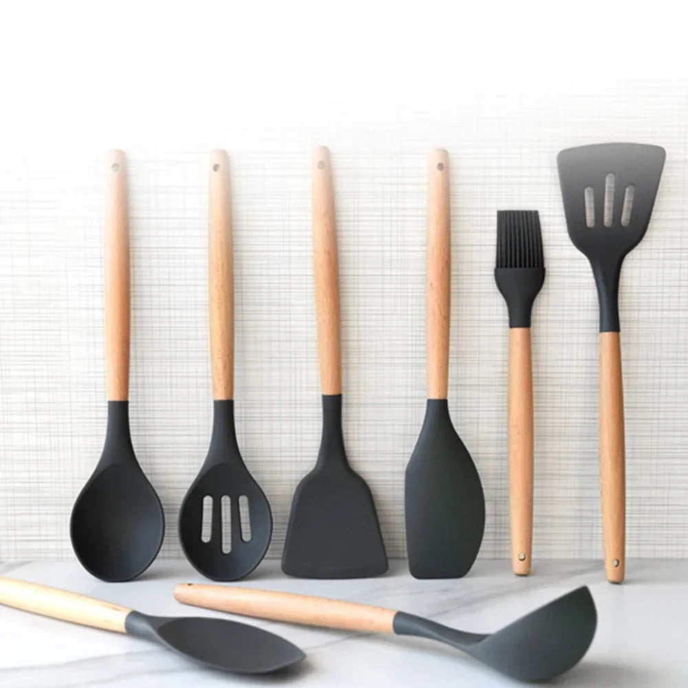 Silicone Kitchen Utensils Set, Non - stick Spatula Shovel, Wooden Handle Cooking Tools, Kitchen Accessories Tool, 9/11/12Pc