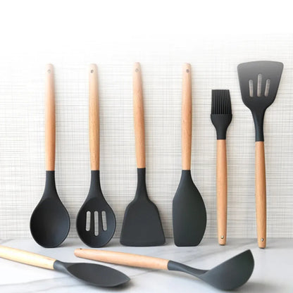 Silicone Kitchen Utensils Set, Non - stick Spatula Shovel, Wooden Handle Cooking Tools, Kitchen Accessories Tool, 9/11/12Pc