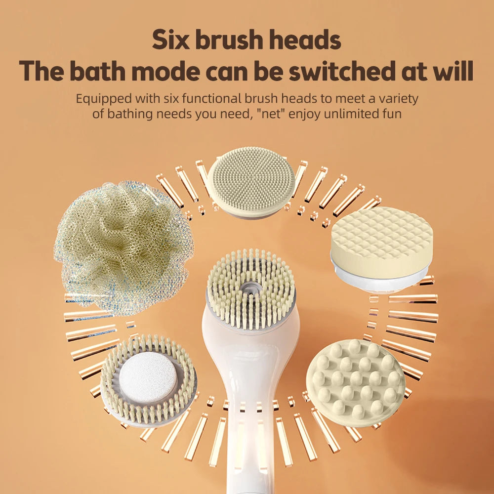 Electric Shower Brush – Rechargeable IPX7 Waterproof, 3-Speed 6-in-1 Wireless Body Scrubber