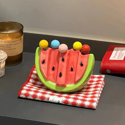 Kitchen Supplies Stainless Steel Watermelon Fruit Fork Cute Creative Dessert Cake Fork Safety with Storage Can Fruit Stick Kids