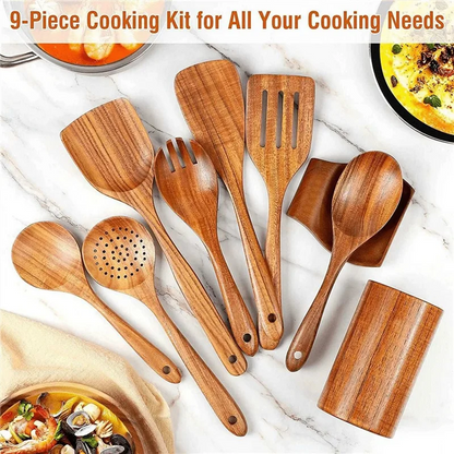 9 PCS Natural Wooden Spoons For Cooking Wooden Utensils For Cooking With Utensil Holder Teak Wooden Kitchen Utensils Setabkw