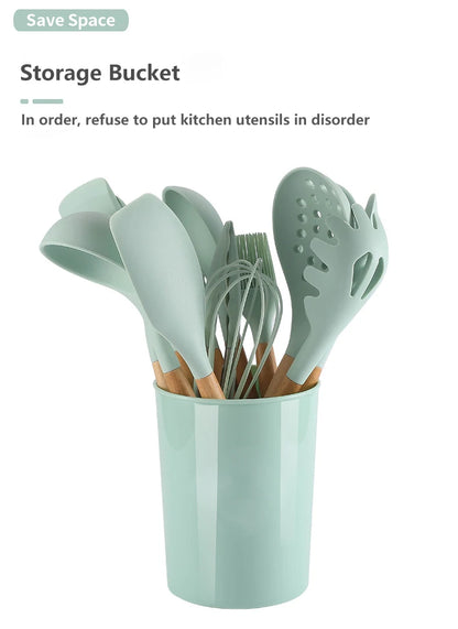 12PCS Silicone Kitchenware Non-Stick Cookware Kitchen Utensils Set Spatula Shovel Egg Beaters Wooden Handle Cooking Tool Set Hot