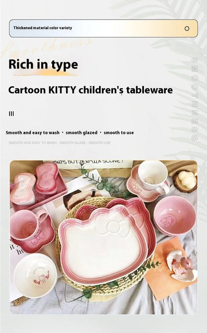 Cartoon Kitty Children Tableware Set Pink Ceramic Dinner Plate Dish Plate Tea Cup Cat Plate Cute Meal Kitchen Home Household
