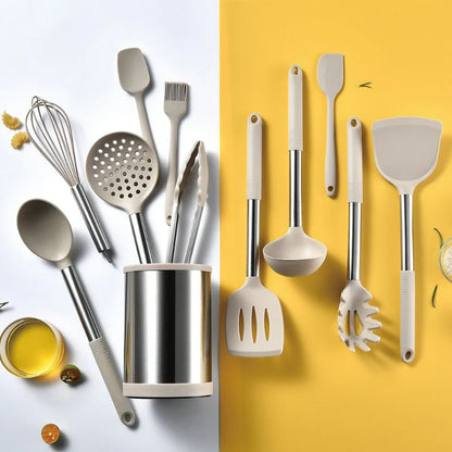 Silicone Kitchen Utensil Set Rotatable Storage Bucket Tube Handle Spatula Soup Spoon Full Set of Kitchen Utensils Non-stick Pan