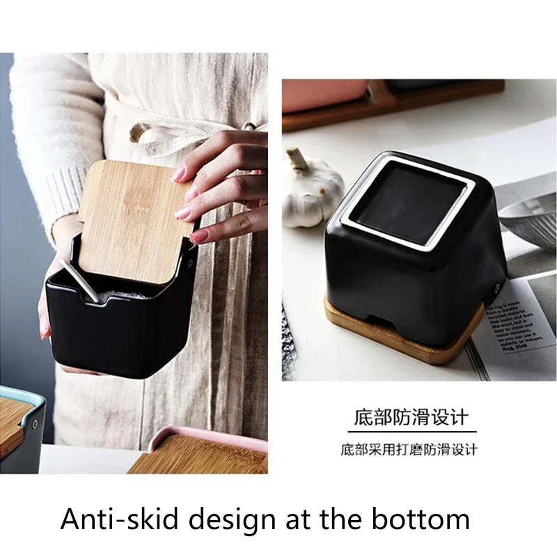 Kitchen Spice Rack Ceramic Wooden Lid Bamboo Tray Base Seasoning Pot Tool Porcelain Storage Container Set Convenient Salt Pepper