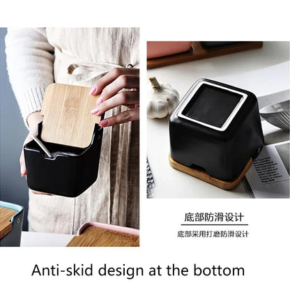 Kitchen Spice Rack Ceramic Wooden Lid Bamboo Tray Base Seasoning Pot Tool Porcelain Storage Container Set Convenient Salt Pepper