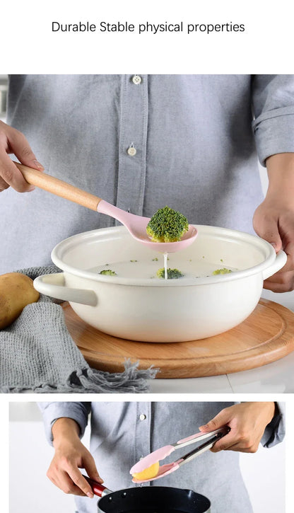 Pink Cooking Kitchenware Tool Silicone Utensils With Wooden Multifunction Handle Non-Stick Spatula Ladle Egg Beaters Shovel