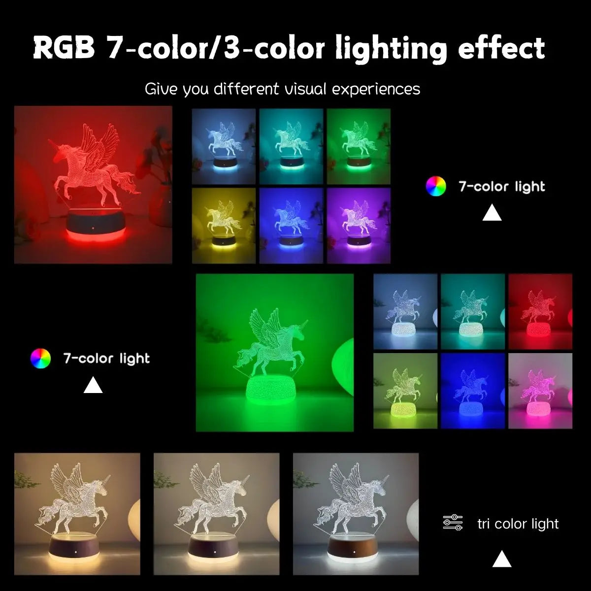 3D Phantom Flying Horse Night Light – RGB 7 Color LED Lamp for Kids Room, Christmas Gift for Boys & Girls