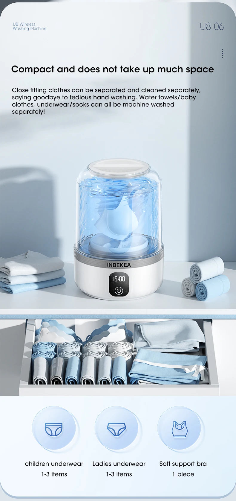 Wireless Underwear Washing Machine 1.5L – Portable Rechargeable Socks Cleaner with Blue Light