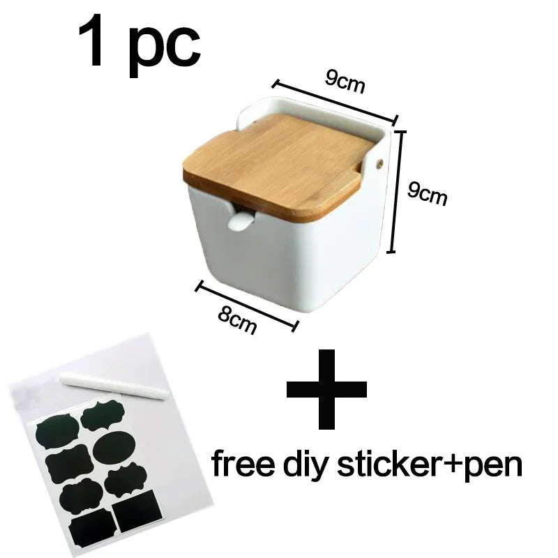 Kitchen Spice Rack Ceramic Wooden Lid Bamboo Tray Base Seasoning Pot Tool Porcelain Storage Container Set Convenient Salt Pepper