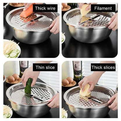 Stainless Steel Kitchen Tool 3-Piece Set With Integrated Grater Multifunctional Strainer And Mixing Bowl For Slicing Vegetables