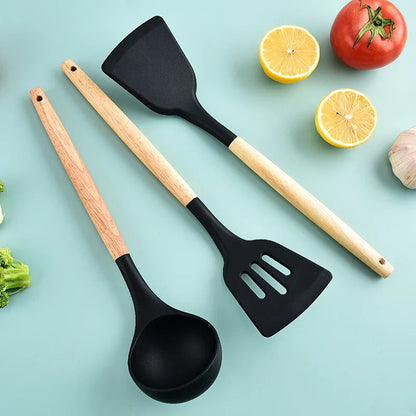 Kitchen Tools Set Wooden Handle Nonstick Pan Food Grade Cooking Silicone Storage Kit Stir Fry Baking Kitchen Set