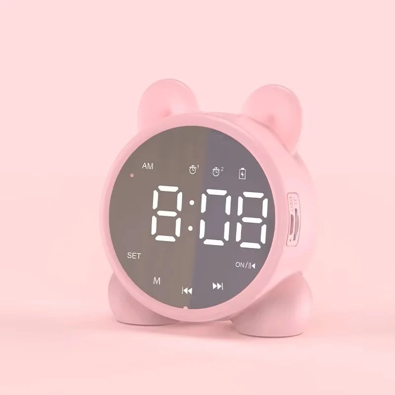 Kids Bluetooth Mirror Alarm Clock – Cute Cat Digital LED Bedside Clock for Children’s Sleep