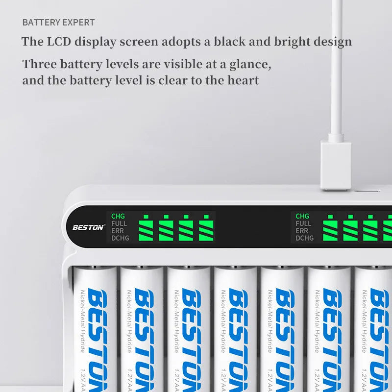 12-Slot AA/AAA Battery Charger – 1.2V Smart Fast Charge & Discharge LCD Recharger for Ni-MH Batteries