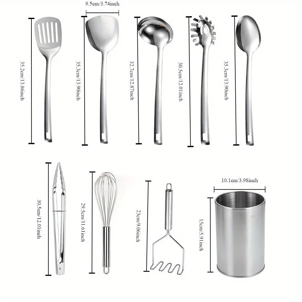 Stainless Steel Kitchen Set - 9 Piece Turning Knife, Spaghetti Spoon, Ladle, Spoon, Whisk, Tongs, Potato Mash and Tool Holder