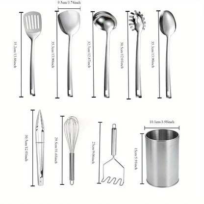 Stainless Steel Kitchen Set - 9 Piece Turning Knife, Spaghetti Spoon, Ladle, Spoon, Whisk, Tongs, Potato Mash and Tool Holder