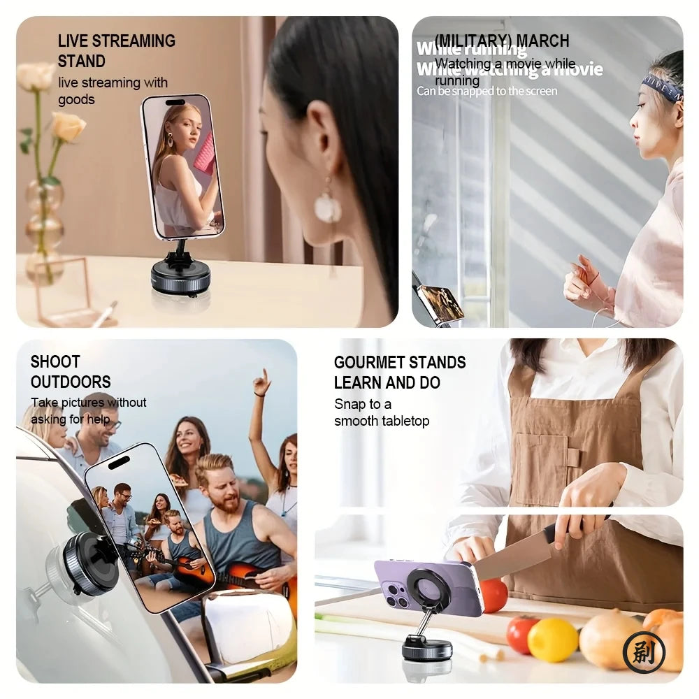Strong Magnetic Phone Holder with Vacuum Mount – Foldable 360° Adjustable for Car, Desk & Bathroom