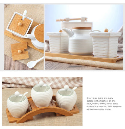 Ceramic Seasoning Jars with Wooden Lid Salt Shakers Kitchen Supplies White Spice Organizer Canister Spoon Set White Sugar Box