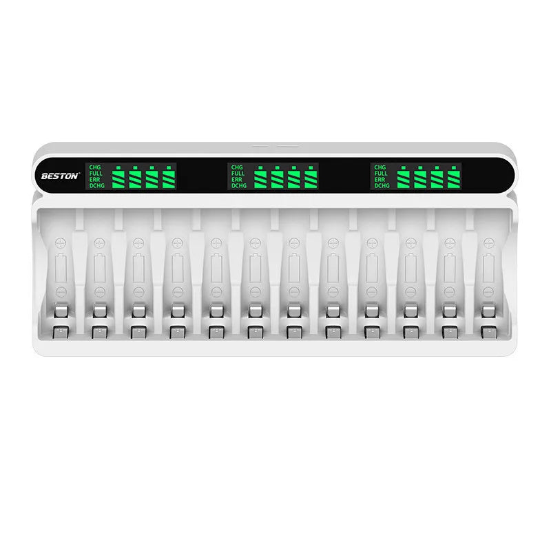 12-Slot AA/AAA Battery Charger – 1.2V Smart Fast Charge & Discharge LCD Recharger for Ni-MH Batteries