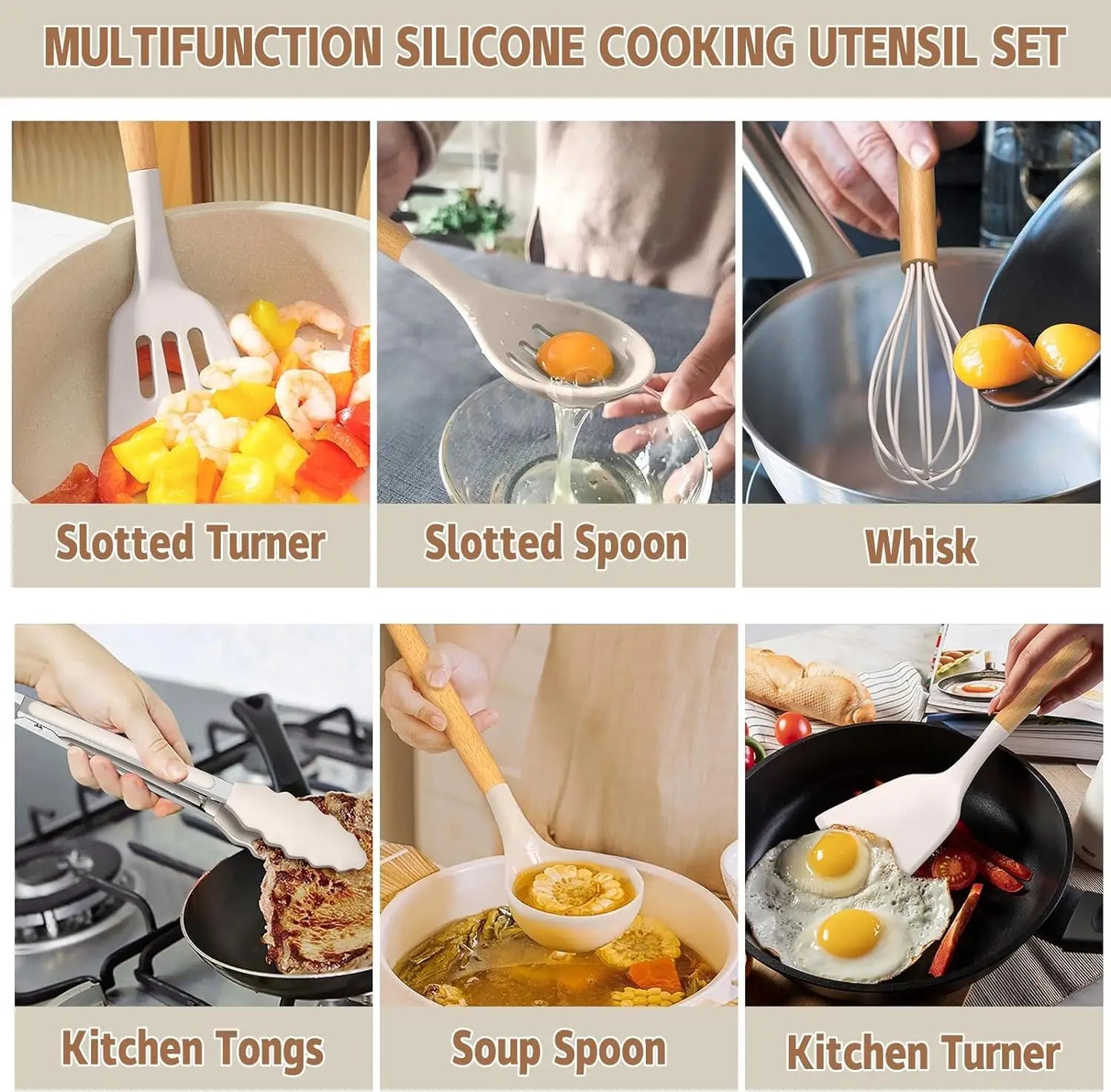 Silicone Kitchen Cooking Utensils Set Non-Stick Spoon Kit With Holder Wooden Handle Scoop Spatula Gadgets Ladle Colander Set