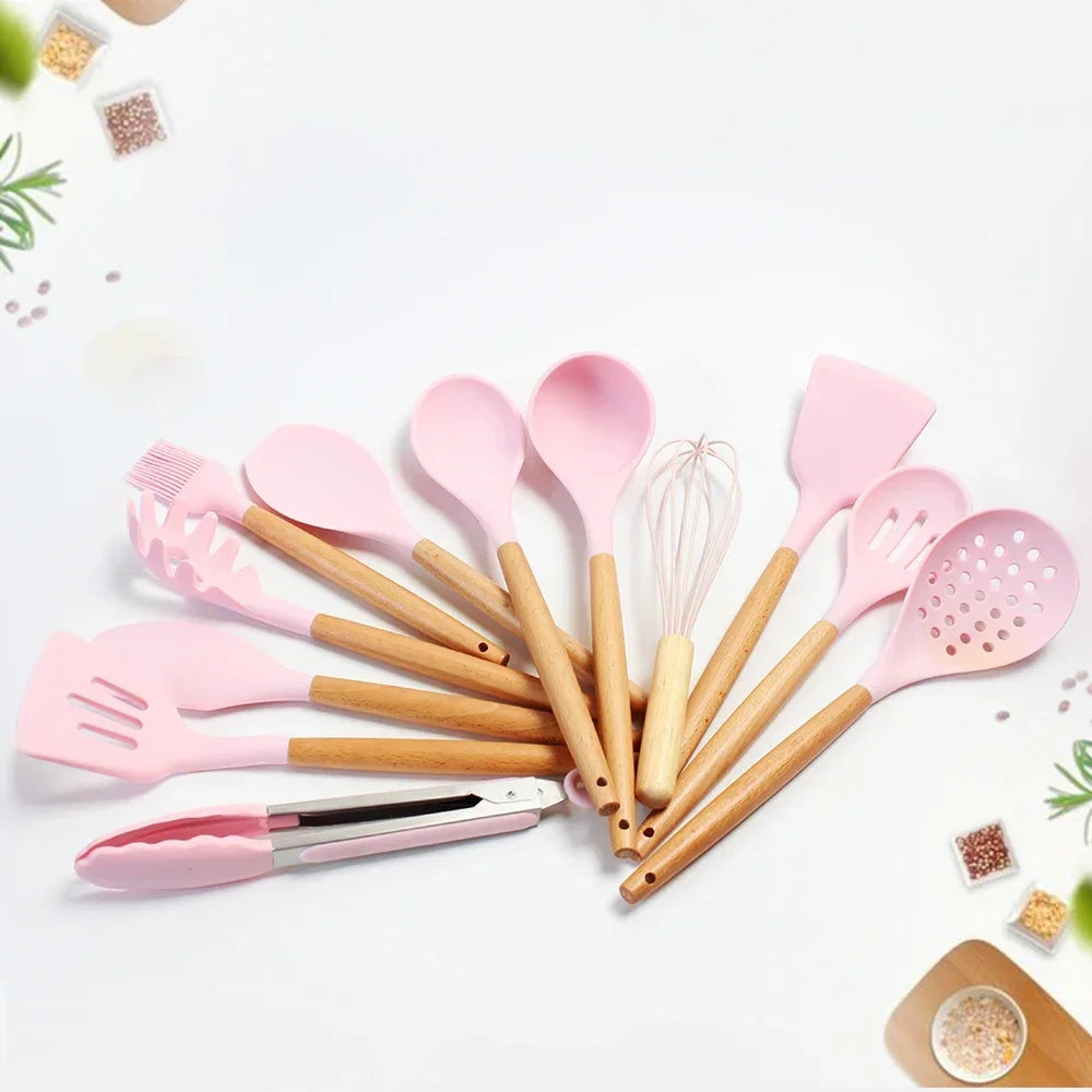 Silicone Kitchen Utensils Set, Non - stick Spatula Shovel, Wooden Handle Cooking Tools, Kitchen Accessories Tool, 9/11/12Pc
