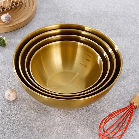 A set of three stainless steel bowls for mixing, kneading dough, and serving salads, suitable for kitchen use.