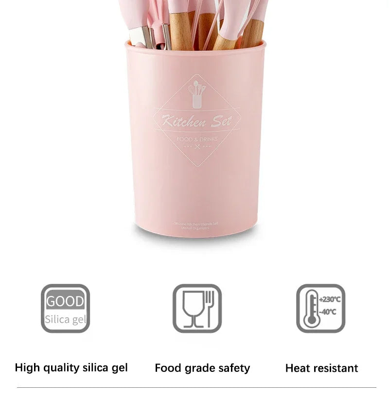 Pink Cooking Kitchenware Tool Silicone Utensils With Wooden Multifunction Handle Non-Stick Spatula Ladle Egg Beaters Shovel