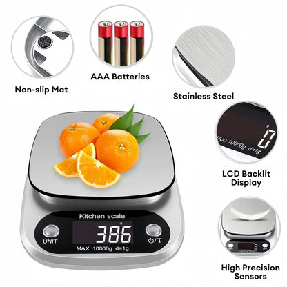 Digital Kitchen Scale 10kg/1g – Stainless Steel LCD Electronic Food Scale for Baking, Coffee & Jewelry