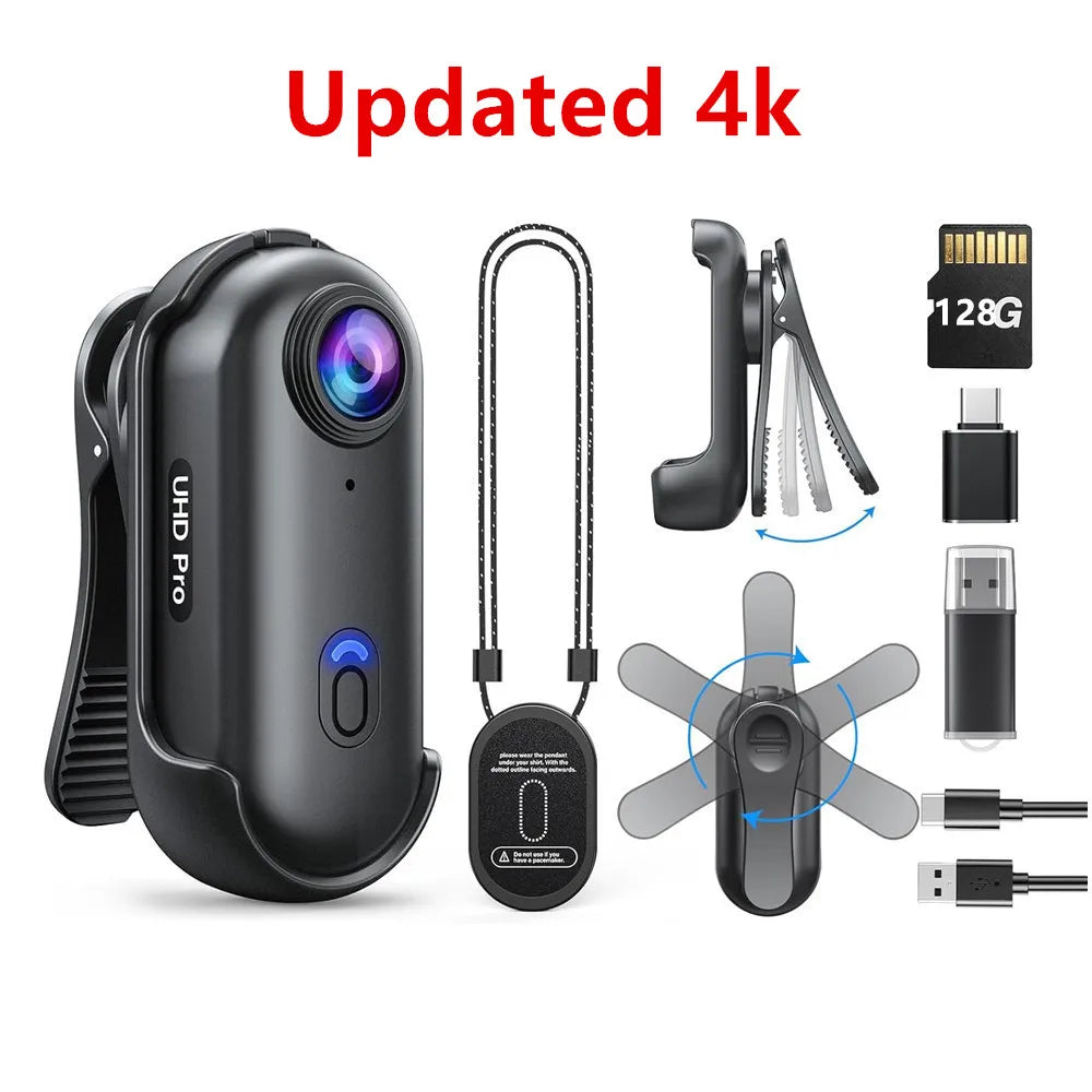4K Mini Body Camera – 1080P Wearable Video Recorder with 128GB, Portable Vlogging Cam & Rotatable Clip