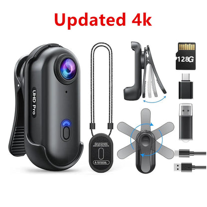4K Mini Body Camera – 1080P Wearable Video Recorder with 128GB, Portable Vlogging Cam & Rotatable Clip