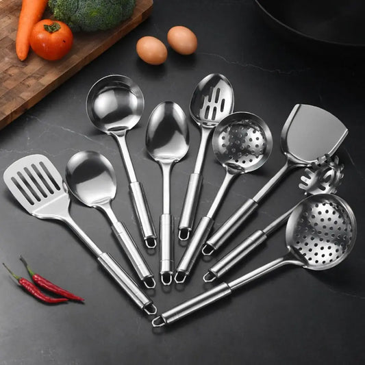 9Pcs Household Stainless Steel Kitchen Cooking Utensils Set Rust-proof Long Handle Cooking Spatula Set Durable Shovel Set Pasta