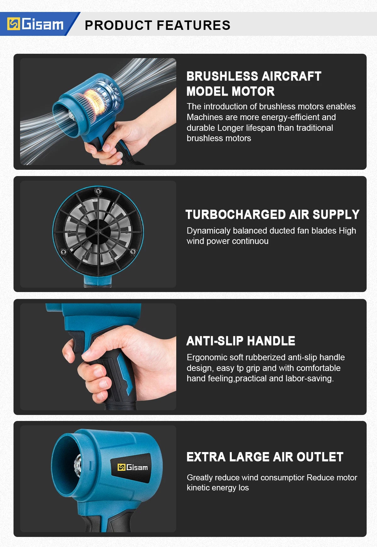 Gisam 300000RPM Brushless Electric Turbo Blower Jet Fan – 400m/s Handheld Air Blower for Dust Cleaning & Leaf Blowing, Compatible with Makita 18V Battery