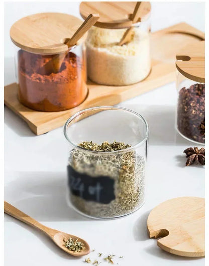 Kitchen Glass Condiment Jar Set Wood Lid with Tray Spoon Clear Seasoning Spice Salt Jar Dust-Proof Coffee Beans Organizer Bottle