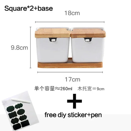 Kitchen Spice Rack Ceramic Wooden Lid Bamboo Tray Base Seasoning Pot Tool Porcelain Storage Container Set Convenient Salt Pepper